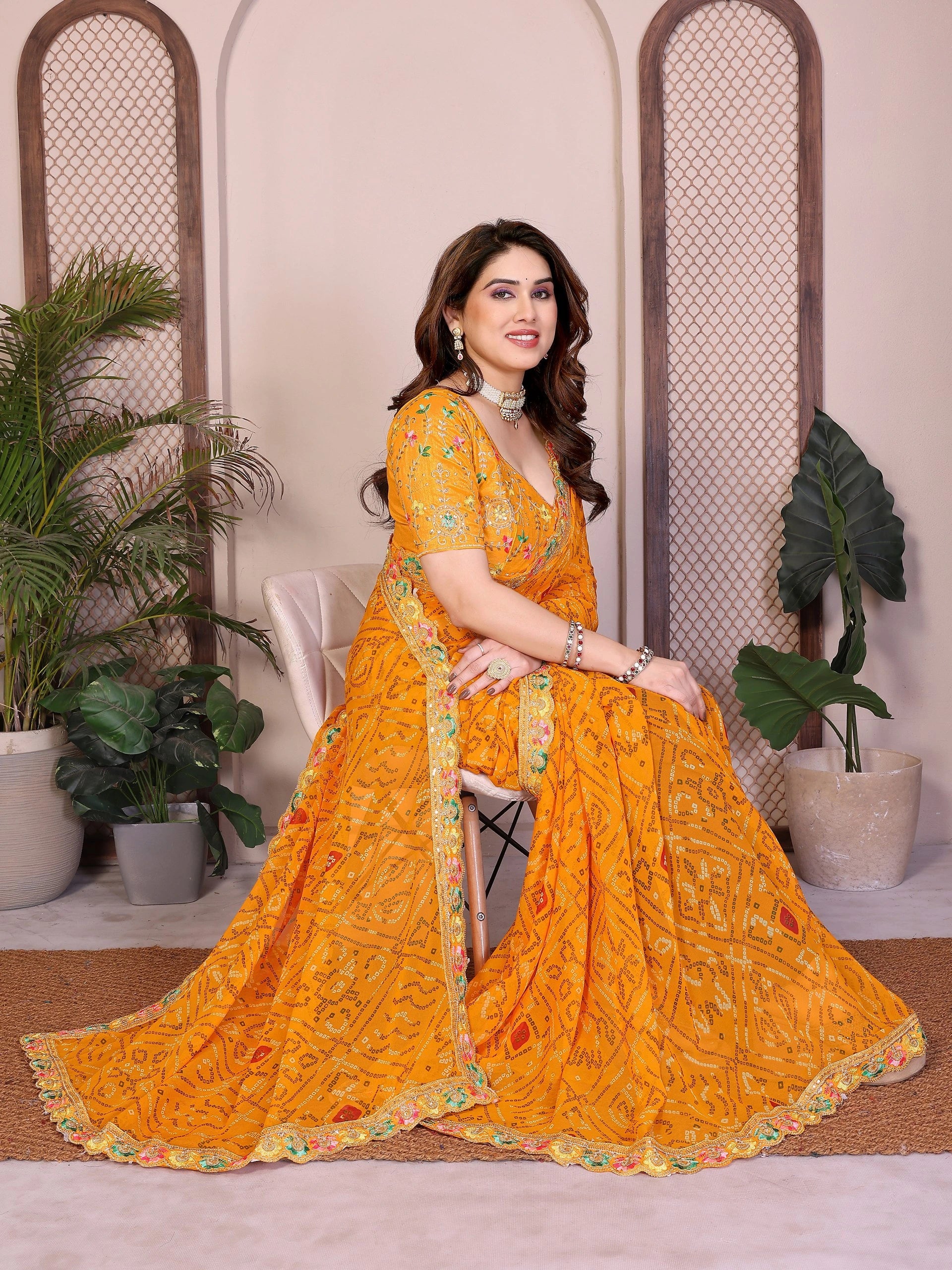 Yellow Bandhej Print Georgette Saree